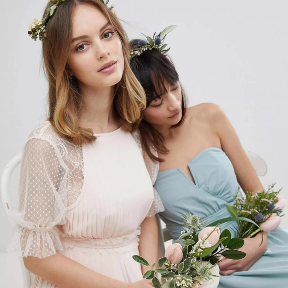 TFNC London Pleated Maxi Bridesmaid Dress With Spot Mesh Frill Detail - Picture 4 of 11